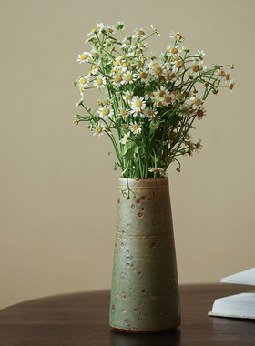 日式侘寂风粗陶小花瓶古朴复古中古陶瓷花器家居客厅绿色插花摆件