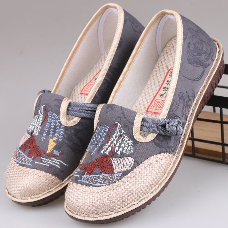 平底绣花民族风亚麻软底妈妈鞋