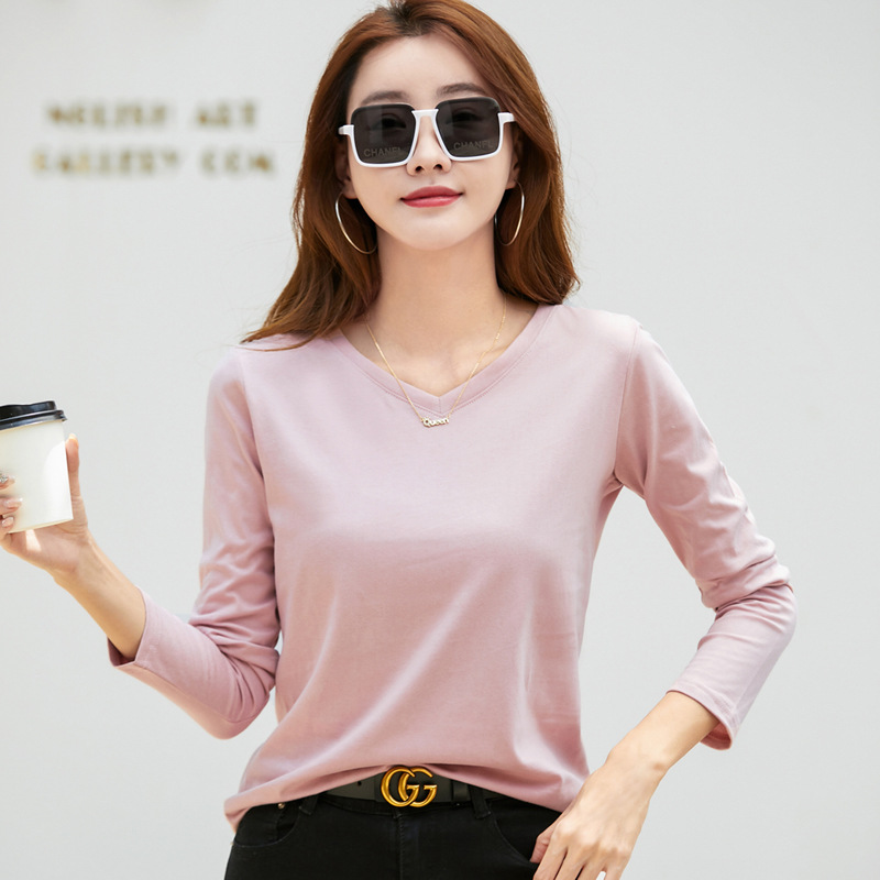秋冬长袖纯色V领百搭打底衫女t恤纯棉内搭洋气时尚上衣体恤衫百搭