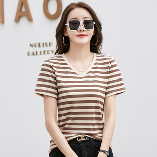 华夫格条纹V领宽松短袖T恤女2026夏季新款韩版休闲百搭上衣体恤衫