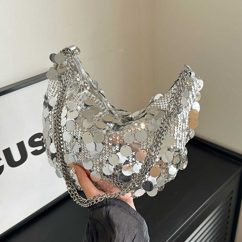 亮片月牙包斜挎鱼鳞晚宴包腋下包