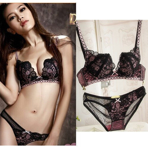 欧美女士洛丽塔蕾丝W杯性感低心位钢圈聚拢上托文胸内裤内衣套装