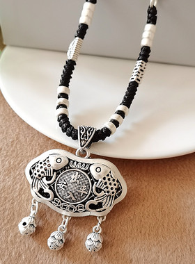 仿古银平安富贵锁项链女轻奢小众