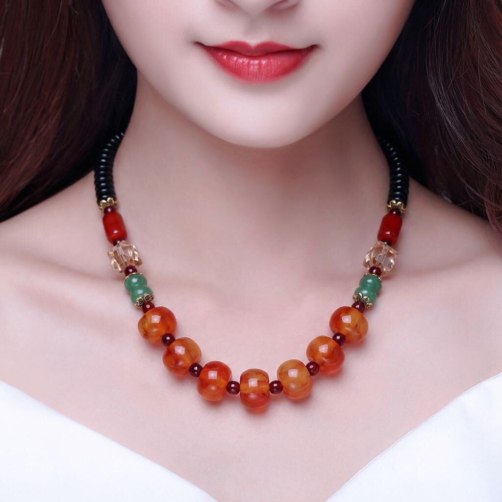 原创设计经典藏式蜜蜡饼子项链红血琥珀水晶颈链锁骨链女民族风复