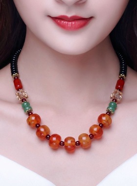 经典藏式蜜蜡饼子项链红血琥珀