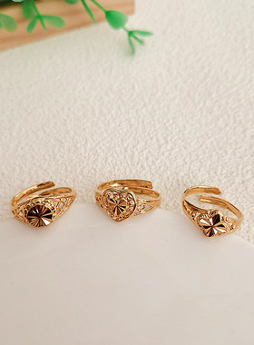 越南沙金古法戒指女镀纯金色仿真假黄金结婚指环首饰品活口可调节