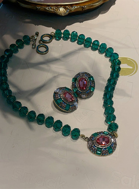 中古风vintag重工祖母绿色仿水晶仿宝石耳环套装复古耳钉项链显白