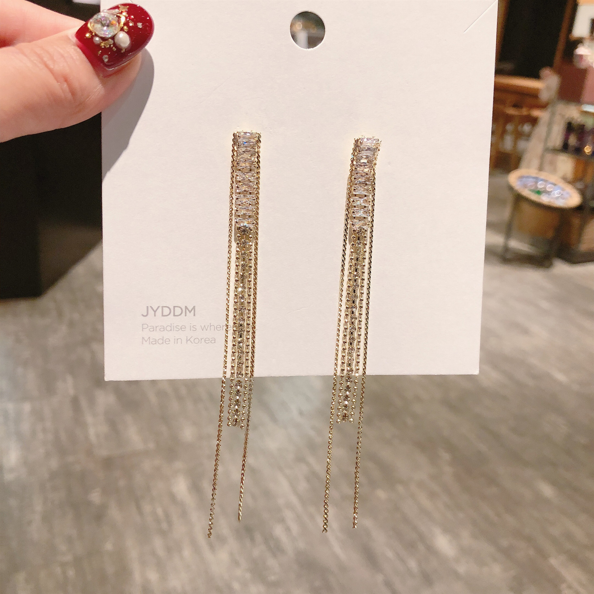 耳钉走秀夸张流苏水钻链条小蒲