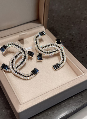 韩版黑色几何C形耳环御姐女人味耳坠显瘦百搭秋冬新款锆石925银针