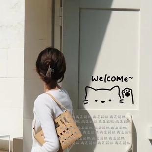 welcome猫咪玻璃门贴纸 咖啡服装宠物店橱窗门头装饰可爱防撞贴纸