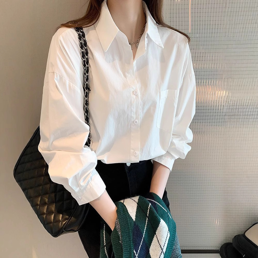 白色衬衫女春秋夏新款高级感jk制服翻领百搭上衣职业装长袖衬衣