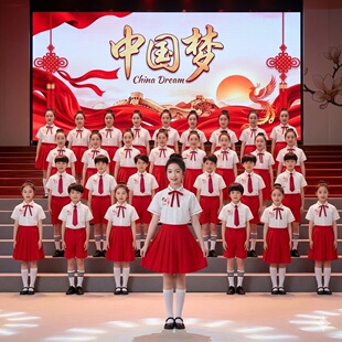 六一儿童合唱朗诵演出服小学生红色女童礼服爱国主题演讲比赛服装