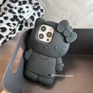 乐乐心愿屋 全黑皮Kitty大软硅胶适用iPhone17promax手机壳苹果1654卡通ins风搞怪闺蜜礼物3小众 日本新品