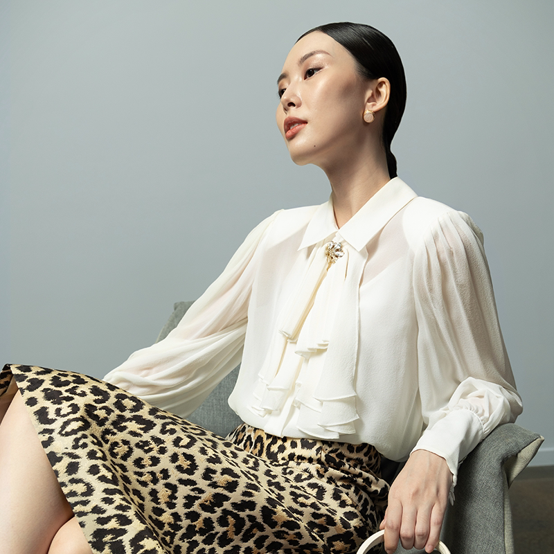 trendy stone丨欧式宫廷风丨珍珠扣翻领长袖镶钻荷叶领真丝衬衫