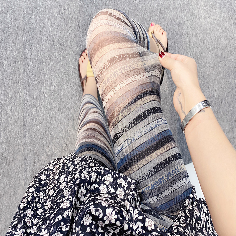 夏季薄款网纱打底裤女透肉彩色印花防蚊裤弹力显瘦防晒紧身八分裤