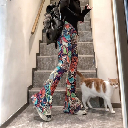 高腰印花喇叭裤女外穿显瘦提臀大弹力炸街长裤波西米亚薄款弹力裤