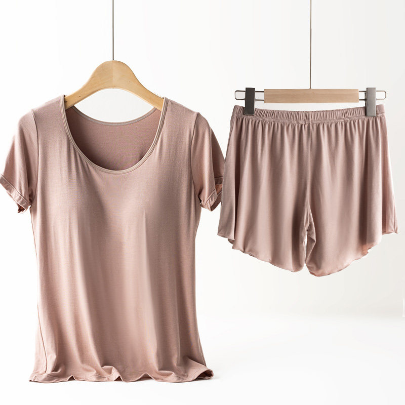 带胸垫居家免穿内衣短袖T恤套装女瑜伽运动大码打底衫睡衣套装女