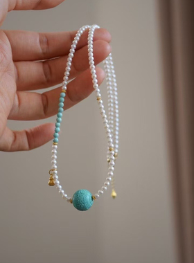 18K金天然淡水珍珠原矿绿松石项链弥勒佛回纹珠爱心吊坠