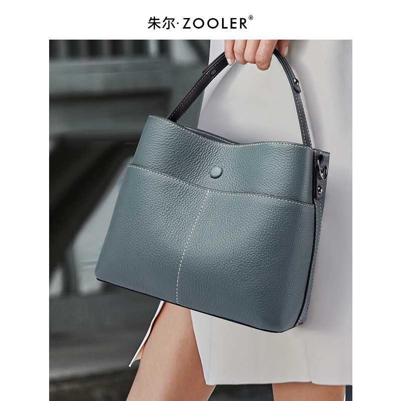 朱尔秋冬真皮水桶包新款潮百搭女士手提包包时尚单肩斜挎包女