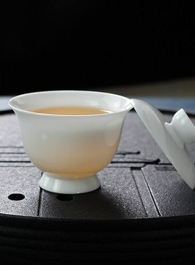羊脂玉纯白二才盖碗高足底座防烫陶瓷薄胎泡茶碗白瓷茶具茶杯中号