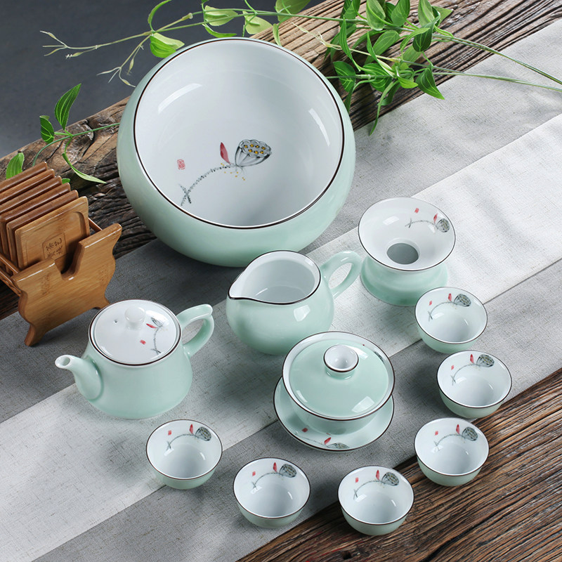 高档白瓷潮汕功夫茶具套装青瓷手绘梅花盖碗茶杯整套茶具送礼家用
