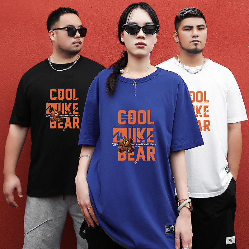 大码潮牌男装潮胖子宽松美式街潮风小熊短袖卡通字母印花圆领T恤