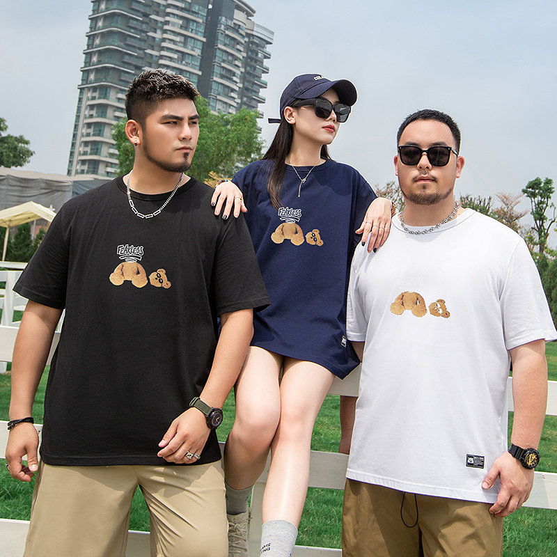大码潮牌男装潮胖子加大街头休闲风字母小熊创意趣味印花短袖T恤