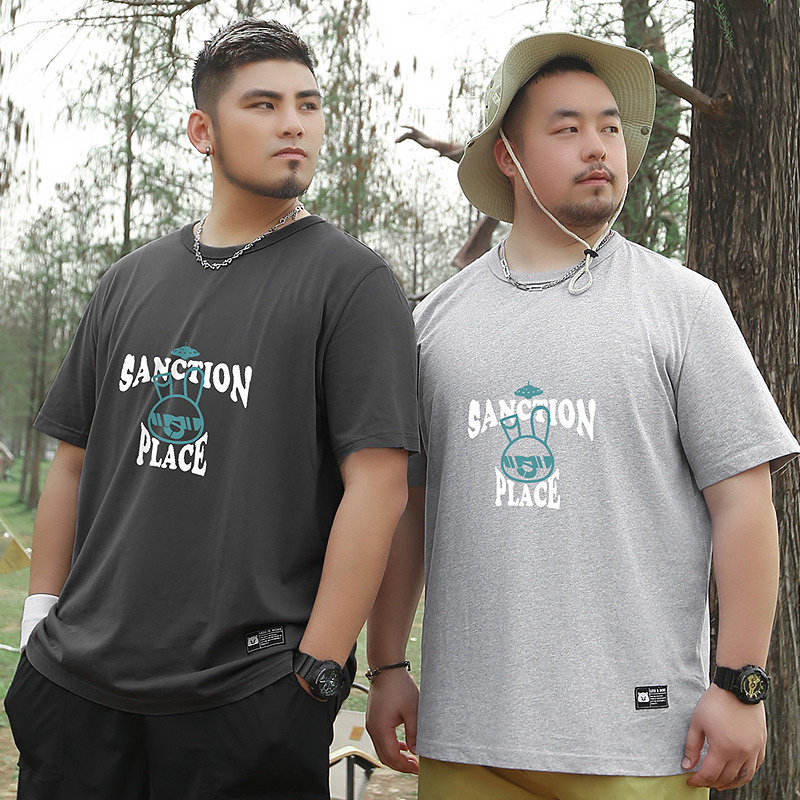 大码潮牌男装加肥加大宽松街头休闲动物字母趣味几何印花短袖T恤