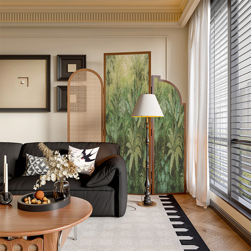 法式中古侘寂风实木藤编屏风隔断墙装饰客厅玄关复古雨林移动折屏