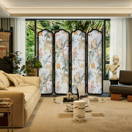 法式欧式治愈系抽象花鸟定制屏风隔断墙装饰客厅玄关遮挡移动折屏