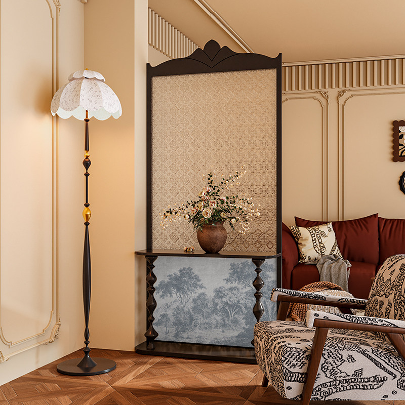 法式混搭风海棠玻璃实木屏风隔断墙装饰客厅玄关艺术置物移动座屏