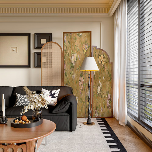 法式中古侘寂风实木藤编屏风隔断墙装饰家用客厅玄关抽象移动折屏