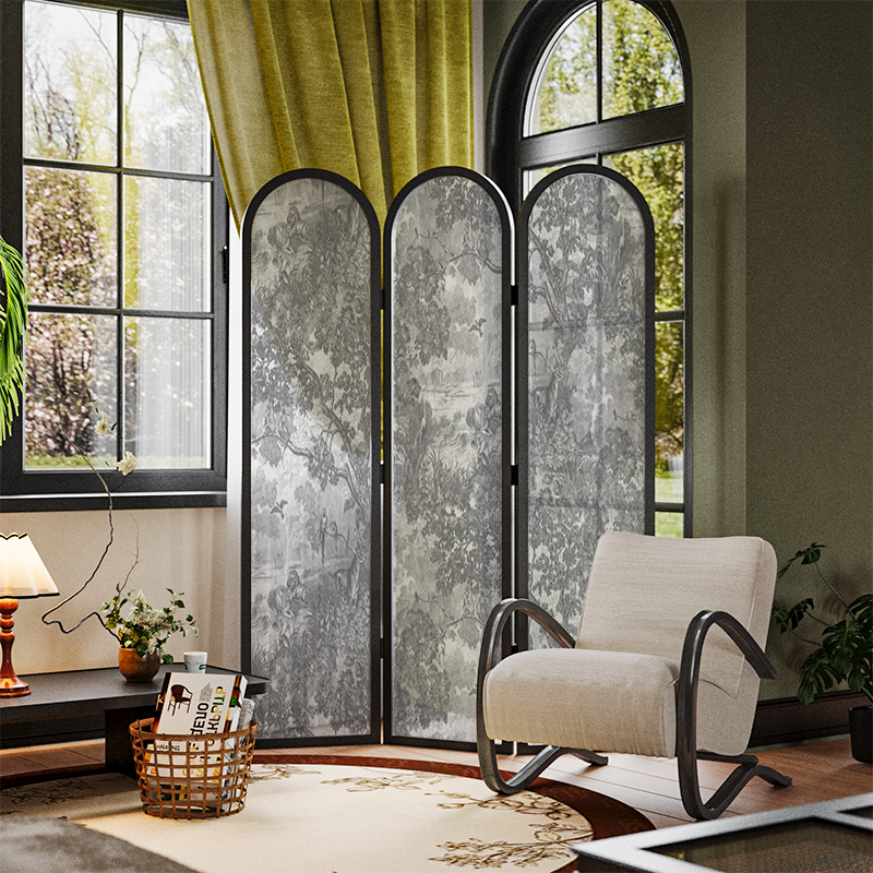 美式法式复古风景抽象实木屏风隔断装饰玄关客厅小众创意移动折屏