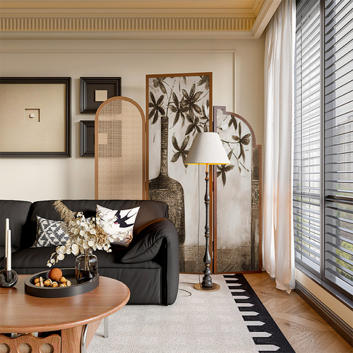 法式中古侘寂风实木藤编屏风隔断墙装饰客厅小众复古花瓶移动折屏