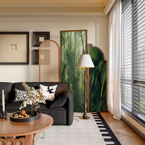 法式中古侘寂风实木藤编屏风隔断墙装饰客厅玄关创意雨林移动折屏