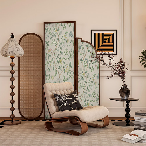 法式中古侘寂风实木藤编屏风隔断墙装饰客厅玄关民宿花卉移动折屏