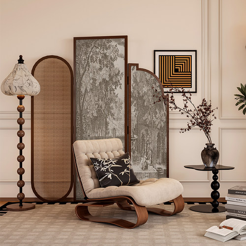 法式中古侘寂风实木藤编屏风隔断墙装饰客厅定制风景抽象移动折屏