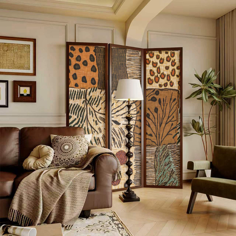 法式美式侘寂风抽象复古实木屏风隔断墙装饰客厅玄关入户民宿折屏