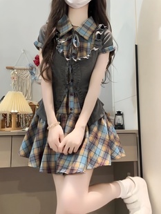 气质学院风套装 连衣裙子女夏季 法式 格纹衬衫 2025新款 今年流行爆款