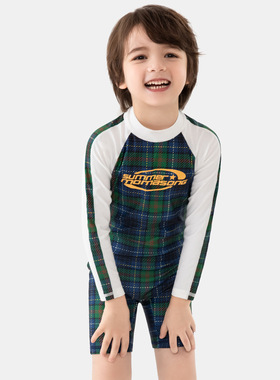 木马谣儿童泳衣男童长袖防晒游泳衣 ins复古格子女孩连体泳装moma