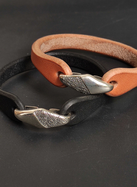 cigar手工定制复古925银枥木鞍革手镯手环镶嵌情侣手工打磨皮手镯