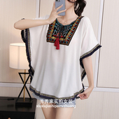 民族风纯色棉绸蝙蝠袖 女复古宽松显瘦小众设计人造棉上衣薄 T恤衫