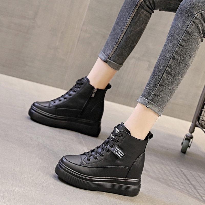 真皮内增高女鞋2025新款爆款冬季加绒平底女靴厚底防水短靴马丁靴