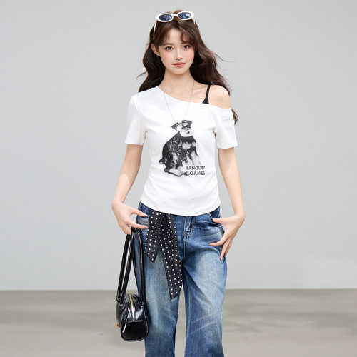 白色小狗印花短袖T恤女夏季新款