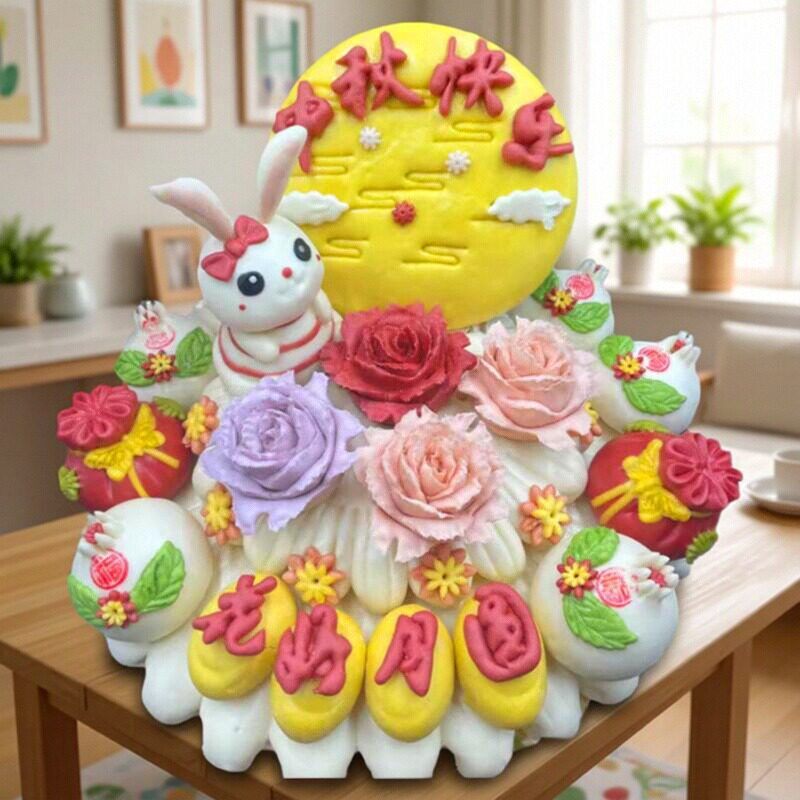 文化遗产胶东花饽饽馍馍馒头中秋节快乐五仁月饼礼品盒箱花好月圆