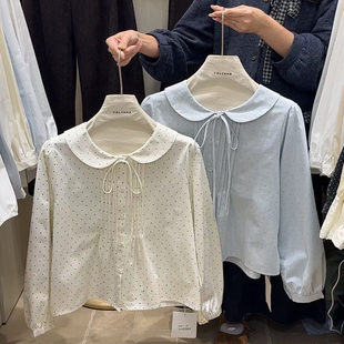 法式 女冬季 少女娃娃领系带衬衣上衣 磨毛衬衫 小清新波点设计感长袖