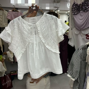 假两件减龄系带小衫 女2026夏季 衬衫 甜美风白色蕾丝拼接荷叶边短袖