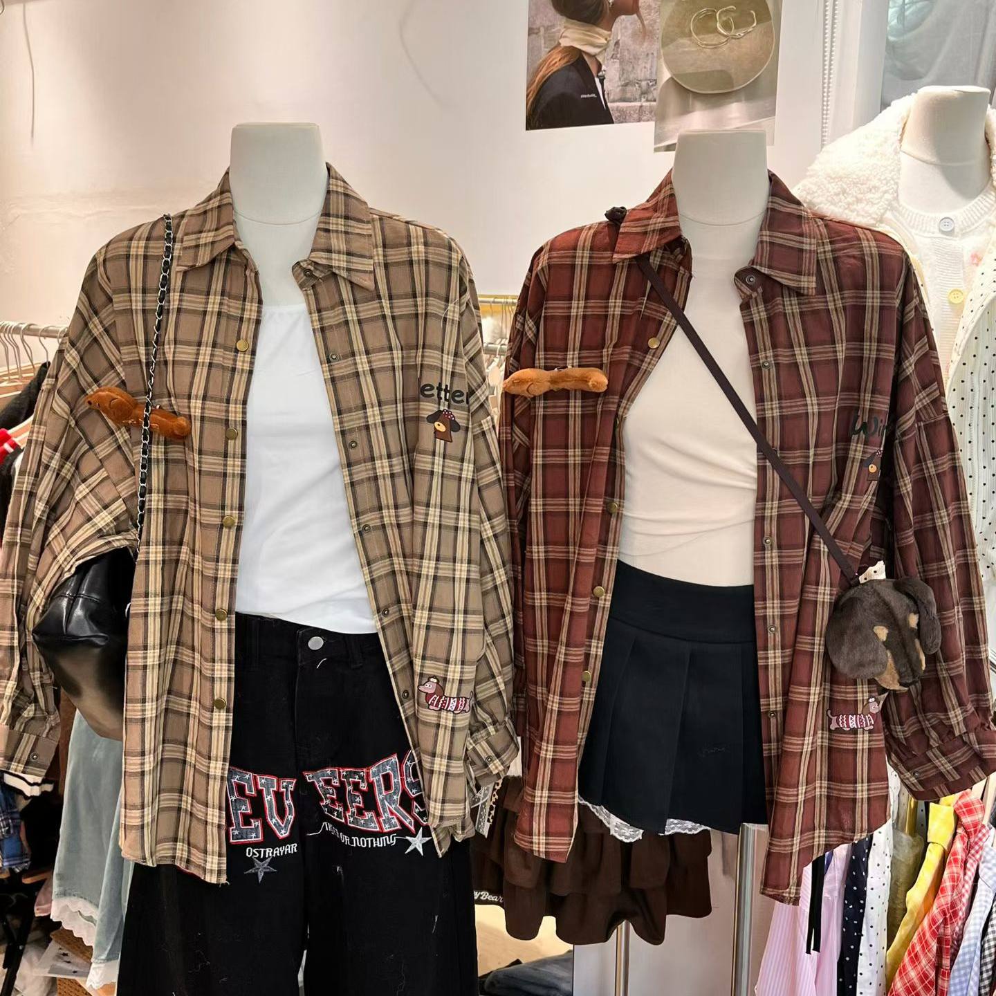 美式复古腊肠狗格子长袖女衬衫