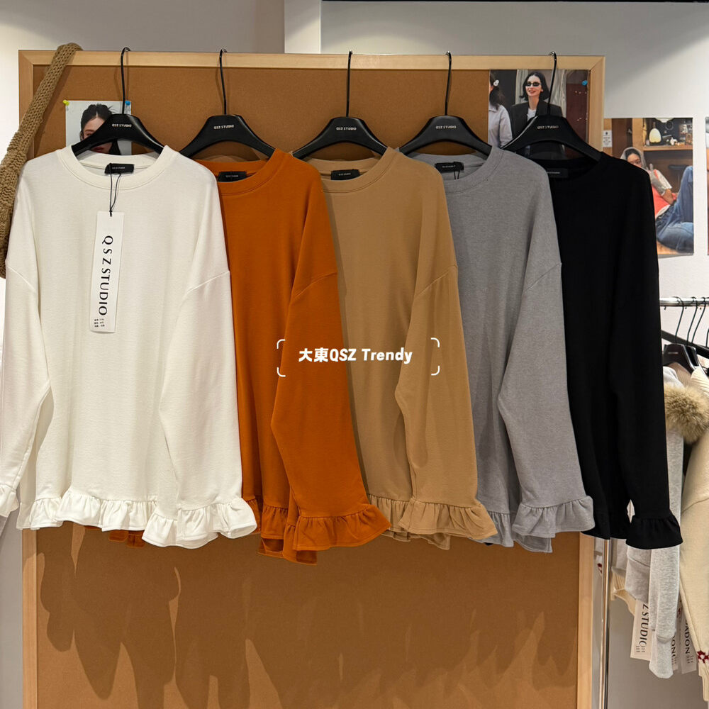 韩版ins荷叶边长袖加绒T恤女休闲甜美减龄木耳边打底中长款上衣