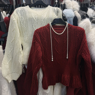 韩系灯笼袖 收腰毛衣女秋冬外穿内搭宽松慵懒高级感红色显瘦针织衫